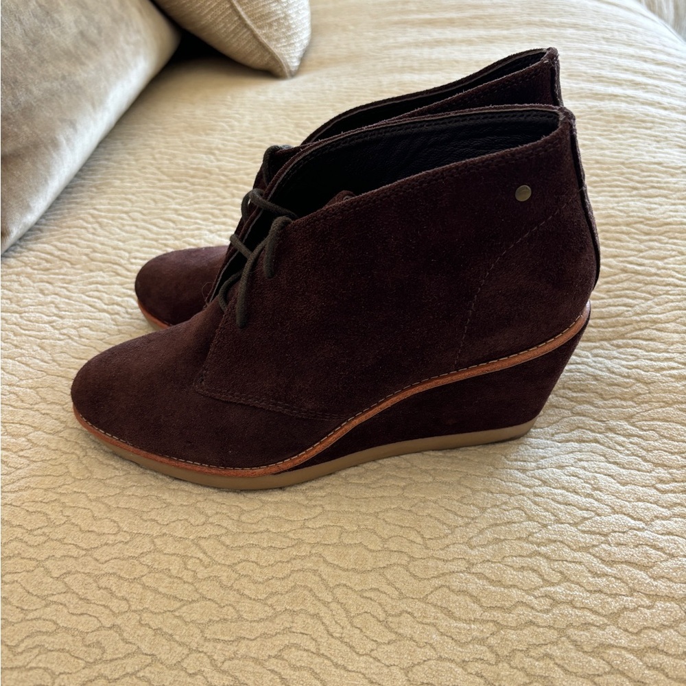Coach Cassy Brown Suede Wedge Heel Lace Up Booties